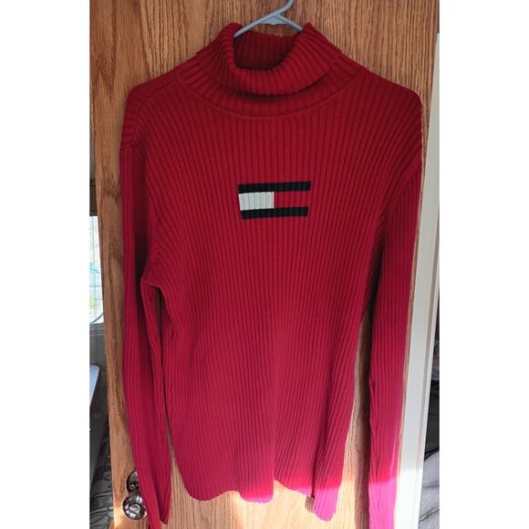 TOMMY HILFIGER XL Red Rib Knit Turtleneck Y2K Flag Logo Sweater Preppy Quietlux - Picture 10 of 13
